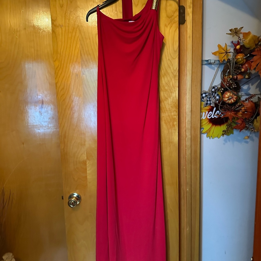 Calvin Klein Red One Shoulder Halter Gown